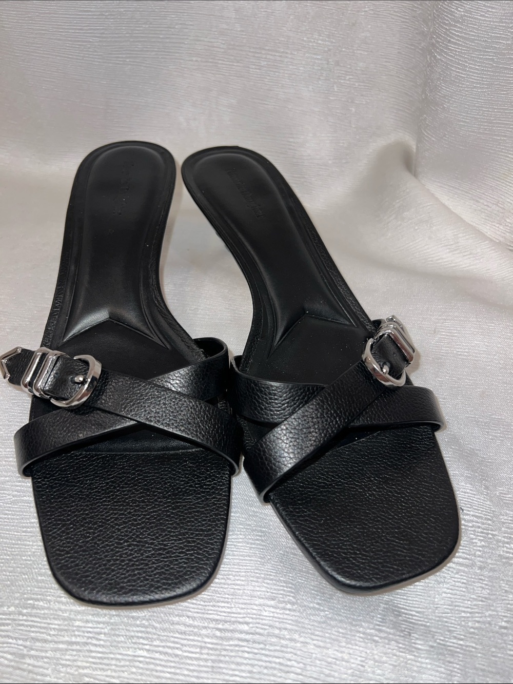 Women's Shiloh Black Leather Slide Sandals with Silver Buckle - Picture 7 of 12